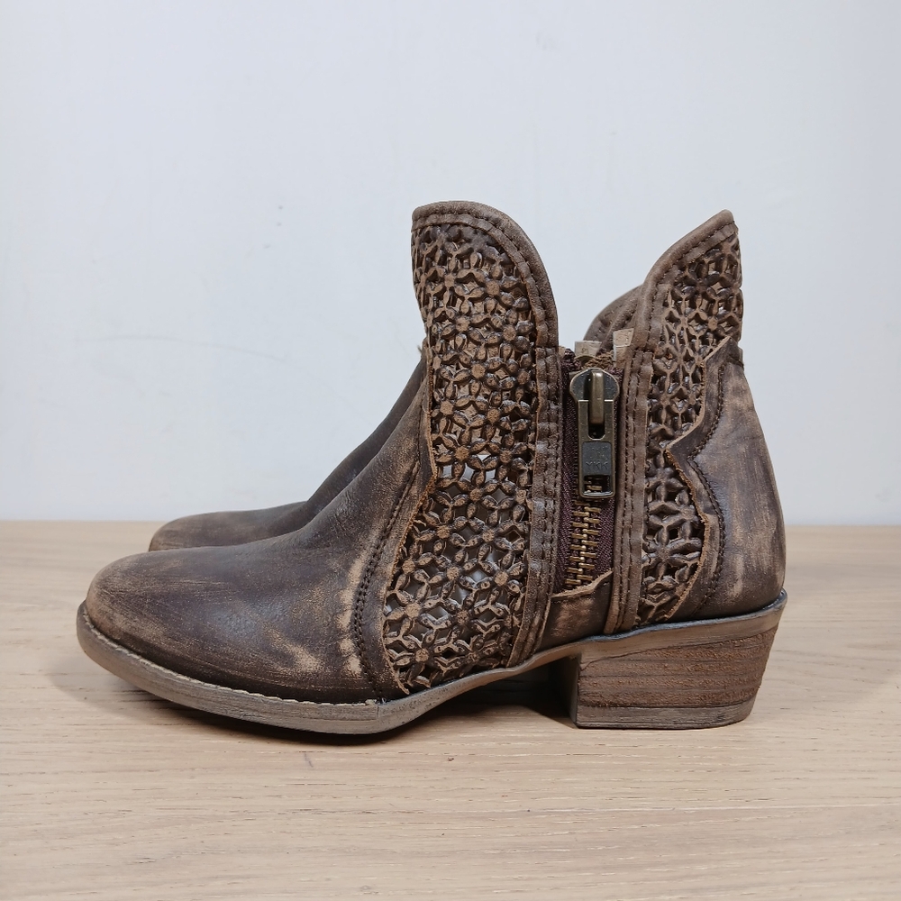 Circle G Corral Ankle Boots  Brown Leather Cutout Perforated Western Festival